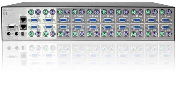 KVM switch: 16 porti, VGA, PS/2, 4 x kasutaja, integreeritud töökoha pikendaja kuni 200m läbi CATx
