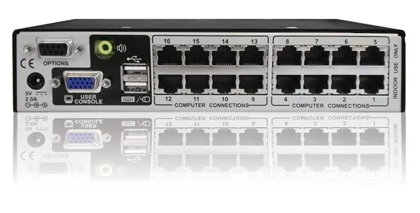 KVM switch: 16 porti,  VGA, DISPLAYPORT, USB, PS/2, audio, 2 x kasutaja (1 läbi IP), arvuti kaugus KVM´ist kuni 30.5m