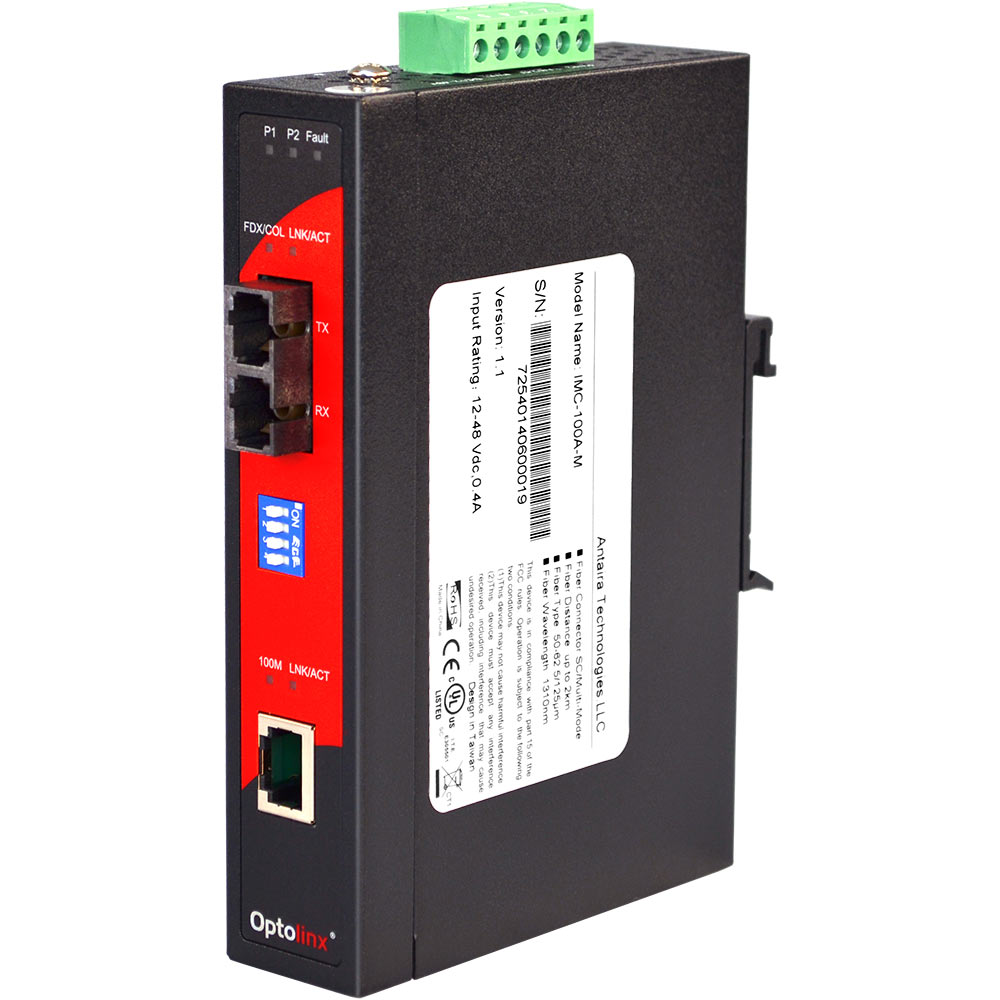 [IMC-100A-M-T] 10/100TX To 100FX Industrial Media Converter, Multi-Mode 2KM, EOT -40°~ 80°C