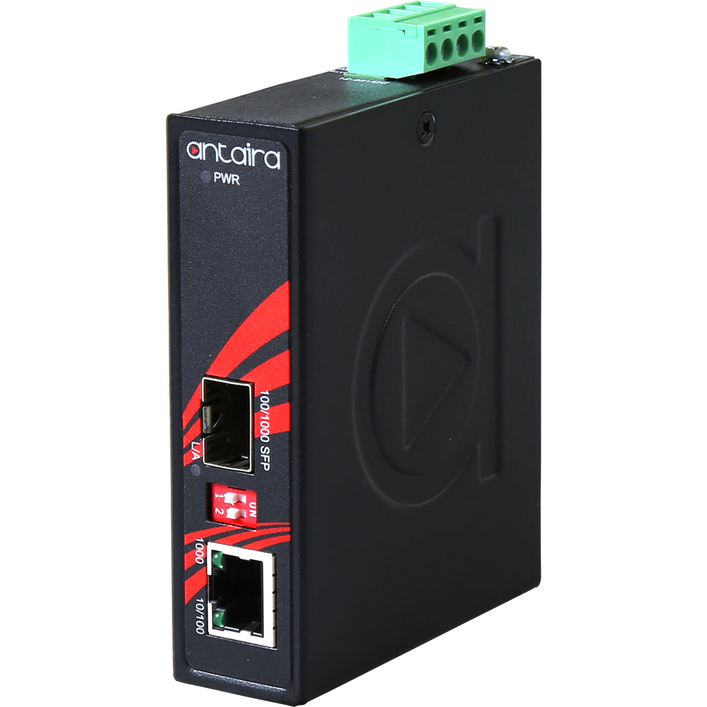 Tööstuslik konverter: 10/100/1000T(X) to 100/1000SX/LX SFP, -10° kuni 70°C, kompaktne, DIN