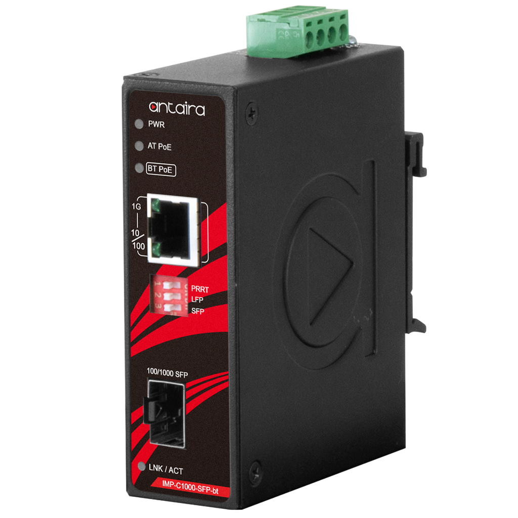 [IMP-C1000-SFP-bt-T] Compact Industrial Gigabit IEEE 802.3bt Ethernet-to-Fiber Media Converter, 1*10/100/1000TX (PSE: 90W) to 1*100/1000 SFP Slot