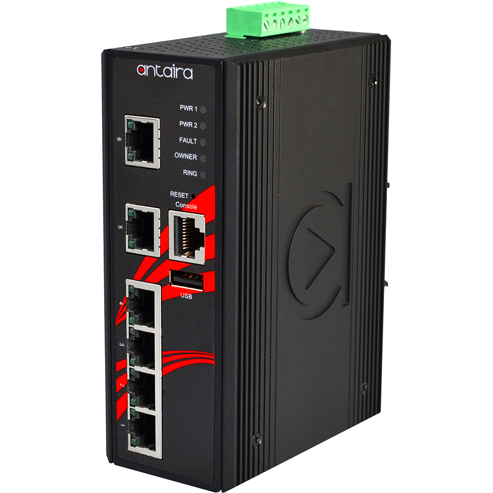 6-Port Industrial PoE+ Managed Ethernet Switches,with 4*10/100Tx (30W/Port) + 2*10/100Tx; EOT: -40~75C, 12~36VDC