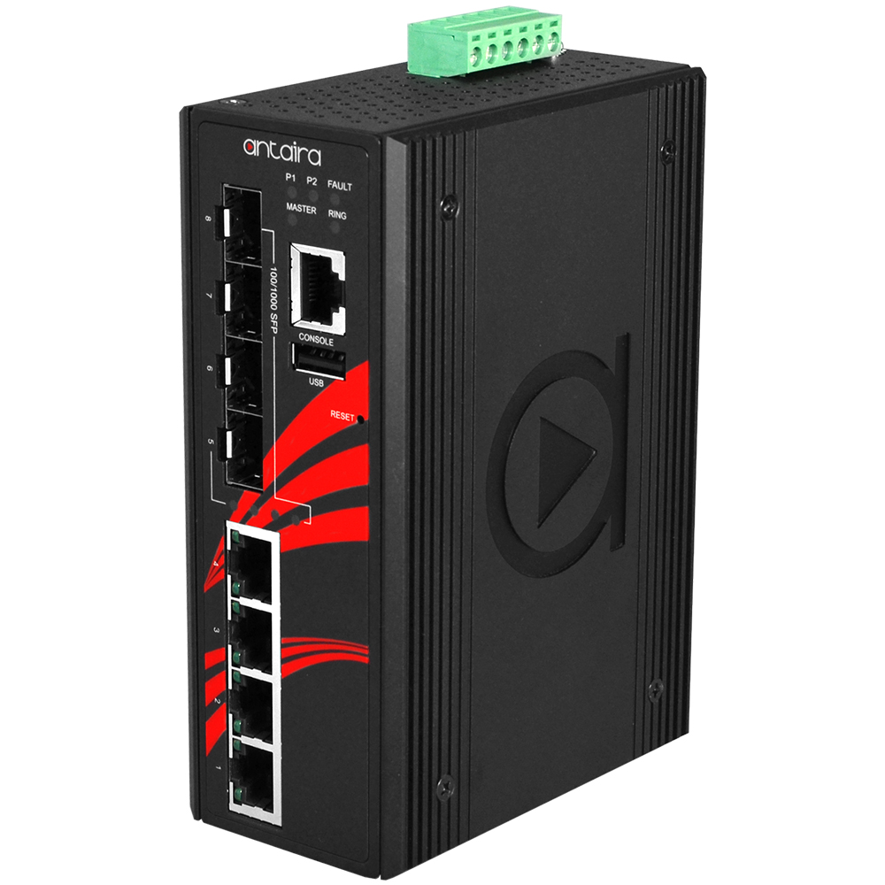 [LMX-0804G-SFP] 8-Port Industrial Gigabit Managed Ethernet Switch, w/4*10/100/1000Tx Ports + 4*100/1000Fx SFP Fiber Slots.