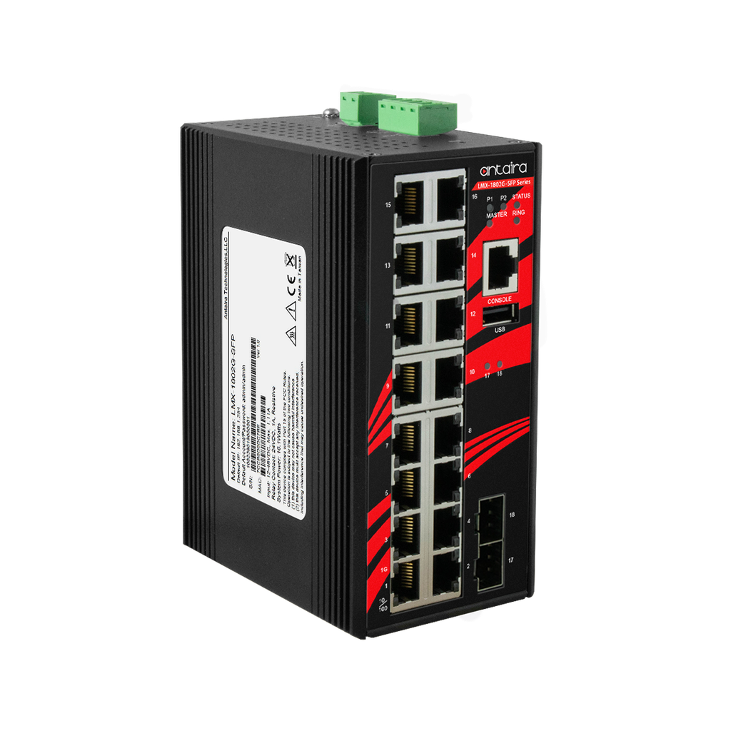[LMX-1802G-SFP-T] 8-Port Industrial Gigabit Light Layer 3 Managed Ethernet Switch, w/16*10/100/1000Tx Ports + 2*100/1000 SFP Ports -40-75