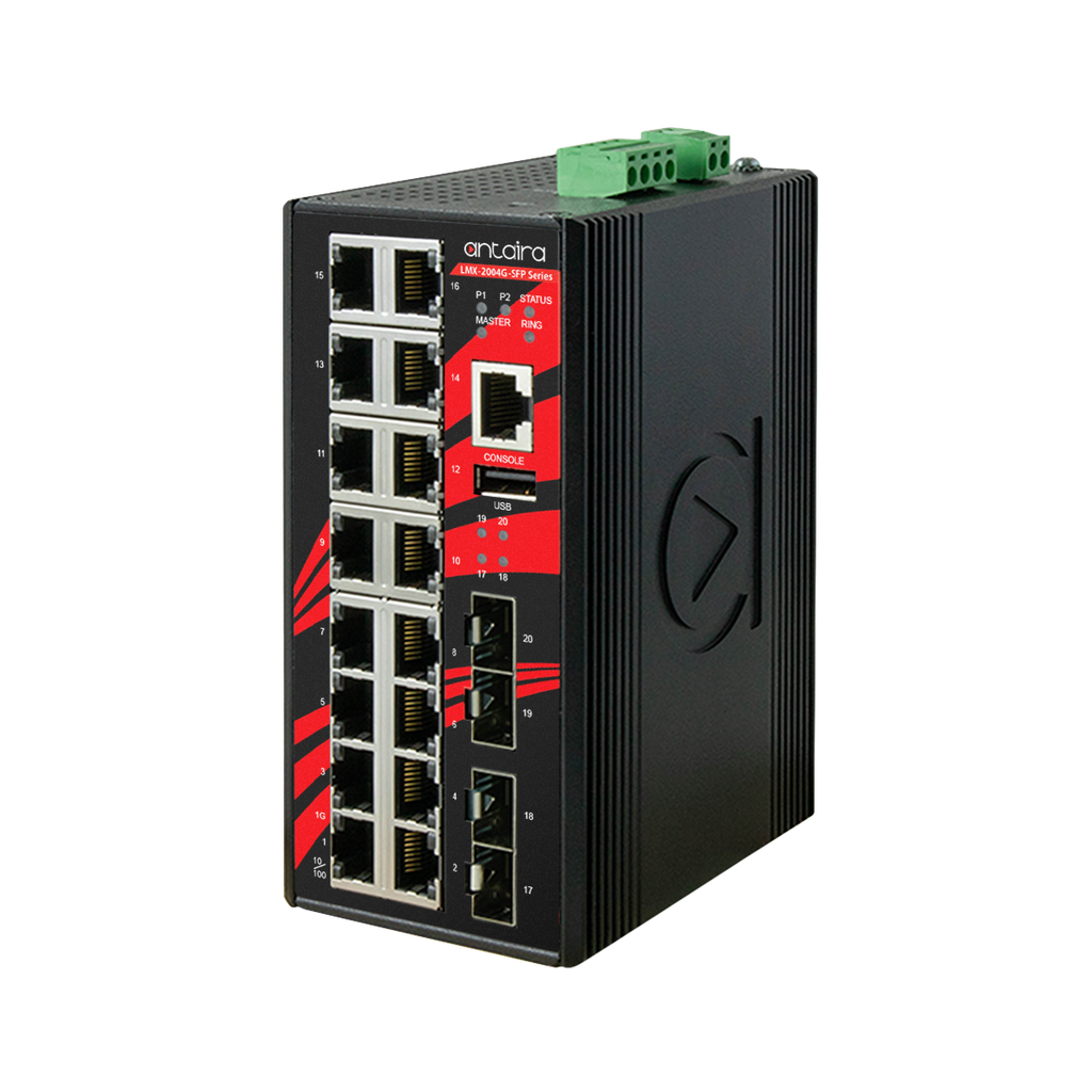 [LMX-2004G-SFP] 20-Port Industrial Gigabit Light Layer 3 Managed Ethernet Switch, with 16*10/100/1000Tx Ports and 4*100/1000 SFP Slots; 12~48VDC Power Input