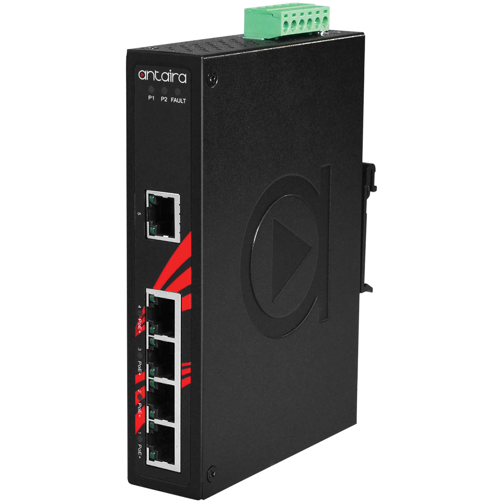 Switch: 4 x 10/100/1000BaseT(X) PoE+, 1 x 10/100/1000BaseT(X), -40 kuni 80°C, mittemanageeritav, DIN, 48-55VDC
