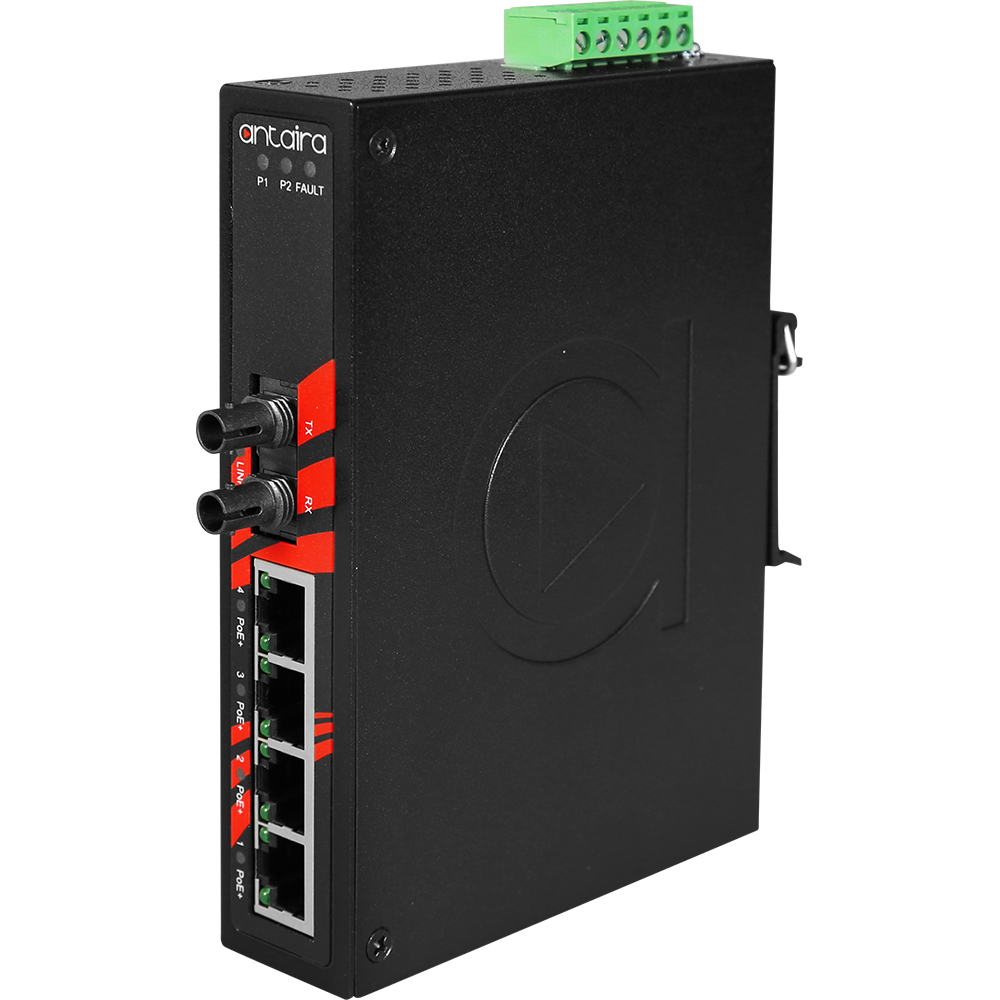Industrial 5-port Ethernet Switch with 4x 10/100TX PoE. and 1x 100FX, MM 2KM , ST Connectors