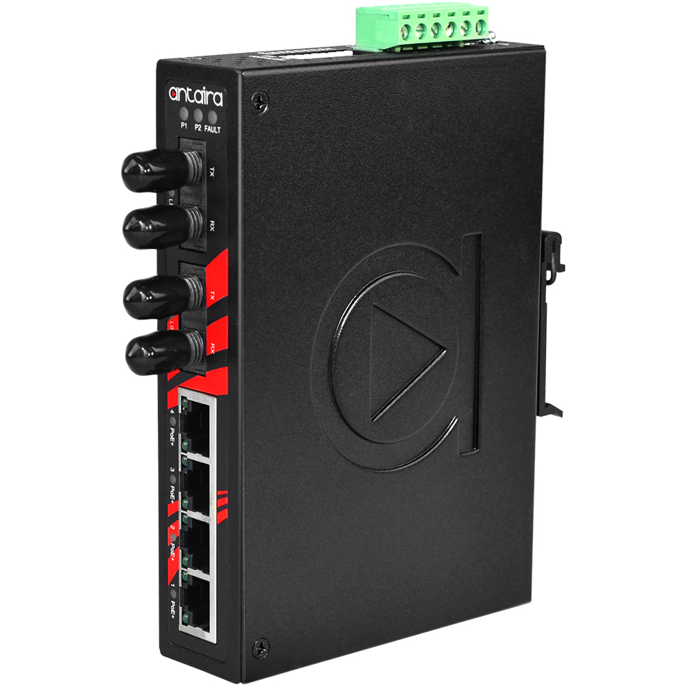 Switch: 4 x 10/100BaseT(X) PoE+, 2 x 100BaseFX single-mode ST, slim, -40 kuni 80°C, mittemanageeritav, DIN, 48-55VDC