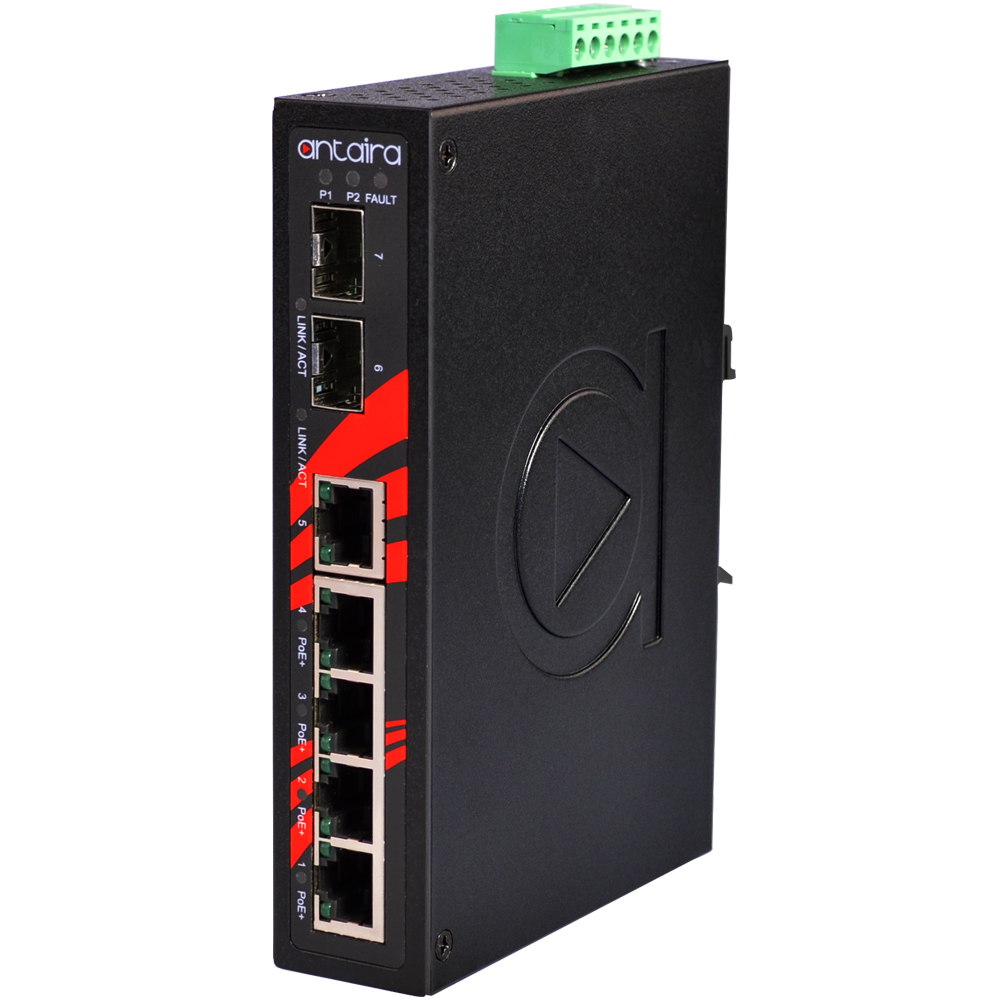Switch: 4 x 10/100BaseT(X) PoE+, 1 x 10/100BaseT(x) / 2 x SFP, -40 kuni 80°C, mittemanageeritav, DIN, 48-55VDC