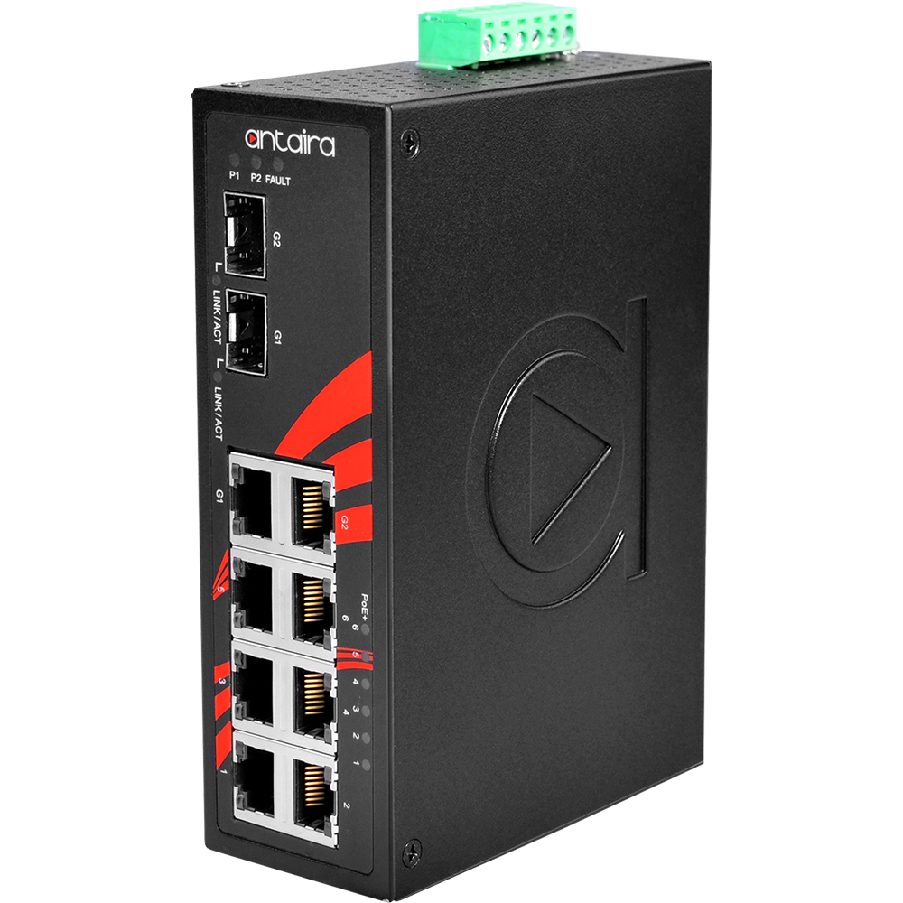 Switch: 6 x 10/100BaseT(X) PoE+, 2 x 10/100/1000BaseT(x) / 2 x SFP, -40 kuni 80°C, mittemanageeritav, DIN, 48-55VDC