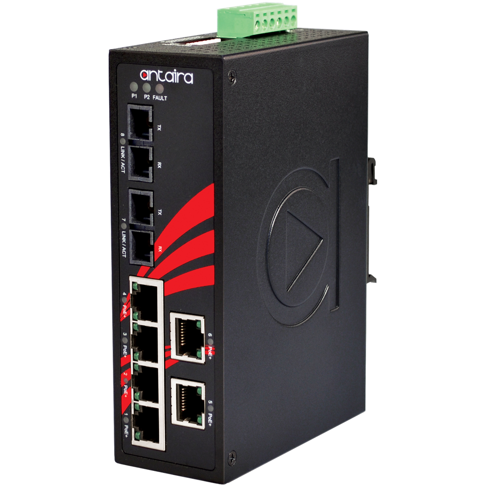 Industrial 8-port Ethernet Switch with 6x 10/100TX PoE+. and 2x 100FX, MM 2KM, EOT (-40°C ~ 80°C), Power Input: 12VDC-36VDC