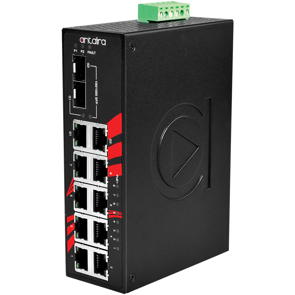 Switch: 8 x 10/100BaseT(X) PoE+, 2 x 10/100/1000BaseT(x) / 2 x SFP, -10 kuni 70°C, mittemanageeritav, DIN, 48-55VDC