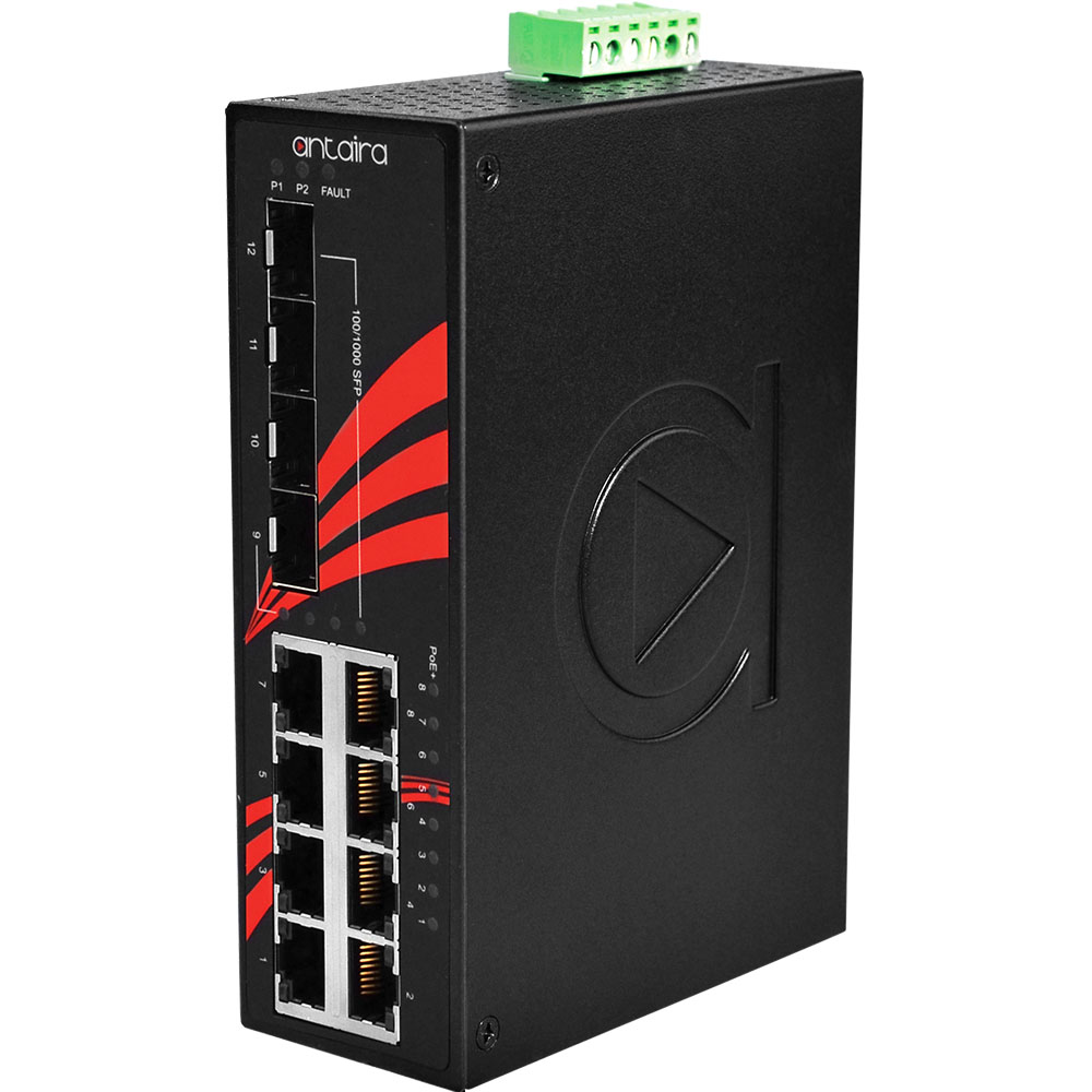 12-Port Industrial PoE+ Gigabit Unmanaged Ethernet Switch, w/8*10/100/1000Tx (30W/Port) + 4*100/1000 SFP Slots