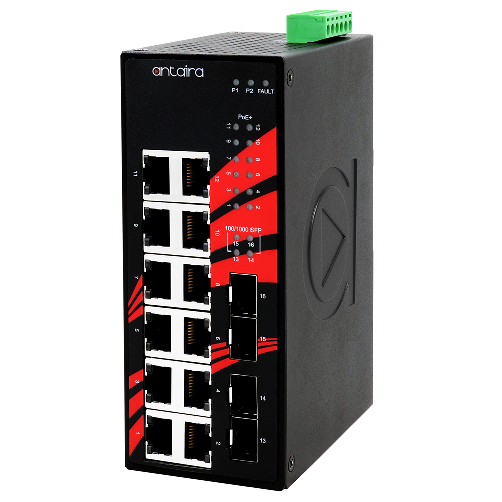 [LNP-1604G-SFP-T] Switch: 12 x 10/100/1000BaseT(X) PoE+, 4 x SFP, -40 kuni 80°C, mittemanageeritav, DIN, 48-55VDC