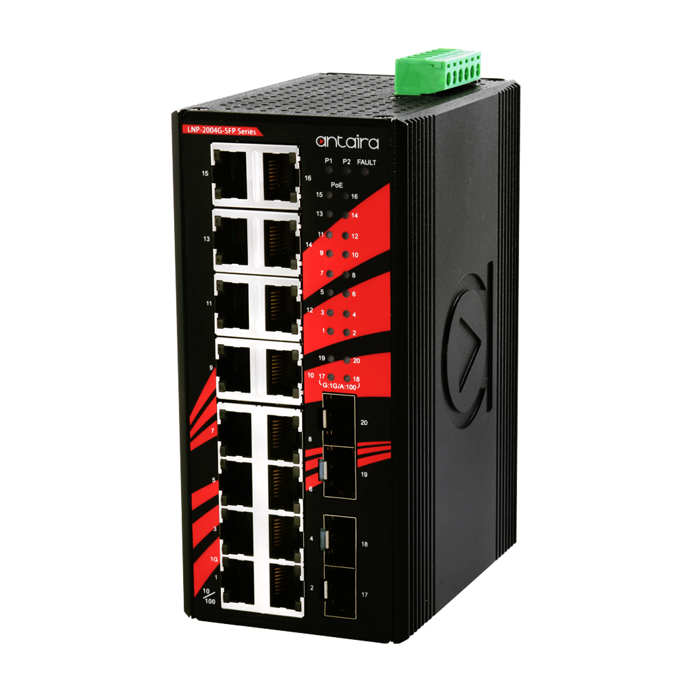 [LNP-2004G-SFP-T] Switch: 16 x 10/100/1000BaseT(X) PoE+, 4 x SFP, -40 kuni 80°C, mittemanageeritav, DIN, 48-55VDC