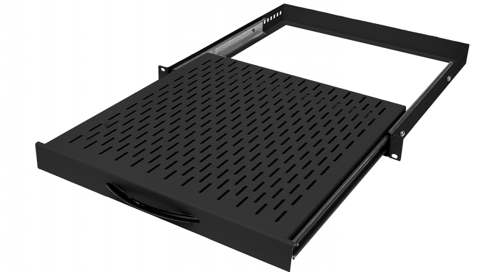 Adjustable shelf 19´´,1U, 300mm, 4-point mounting RAL 7021 black