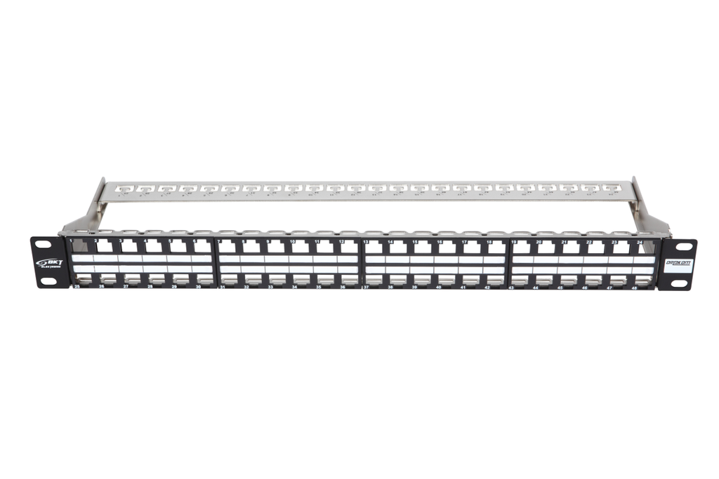 BKT patch panel 19´´, modular for 24xRJ45, shielded, 1U, black, extra labels