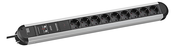 PRIMO power strip 9xCEE7/3 sockets no switch 1xTotal device protection Supply cable 2,0m H05VV-F3G1,5mm² black with CEE7/7 angled plug with BACHMANN logo packed in carton