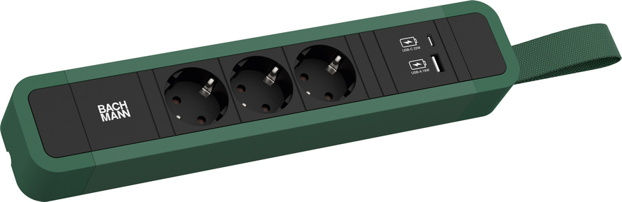 Toitepaneel 3 x Schuko 2.0m, rihmaga, 1 x USB-A, 1 x USB-C, 324x64x45mm, must/roheline