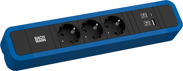 Toitepaneel 3 x Schuko 2.0m, 1 x USB-A, 1 x USB-C, 324x64x45mm, must/sinine