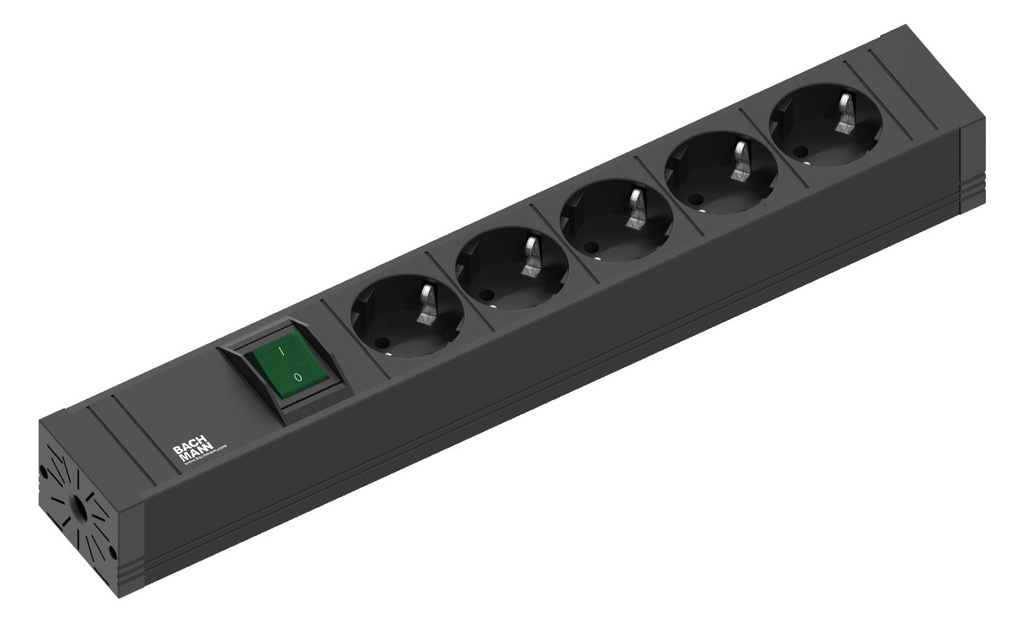 CONNECT LINE Plastic profile black 5xCEE7/3 sockets black with switch; rewireable; 2,0m H05VV-F 3G1,50mm² black; with CEE7/7 plug with BACHMANN logo incl. mounting brackets