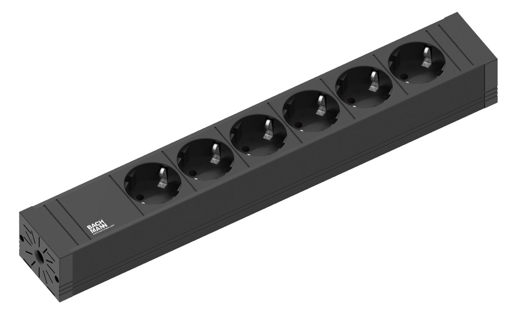 CONNECT LINE 6xCEE7/3 Plastic profile black 6xCEE7/3 sockets black rewireable; 2,0m H05VV-F 3G1,50mm² black; with CEE7/7 angled plug with BACHMANN logo incl. mounting brackets packed in carton