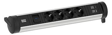Toitepaneel Cycle 4 x CEE7/3, lülitiga, 1 x USB-A, 1 x USB-C, 398x84x65mm, must/hall