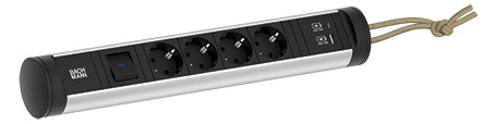 Toitepaneel Cycle 4 x CEE7/3, lülitiga, rihmaga, 1 x USB-A, 1 x USB-C, 398x84x65mm, must/hall