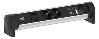 Toitepaneel Cycle Desk 2 x CEE7/3, 1 x USB-A, 1 x USB-C, 1 x custom moodul, 372x65x80mm, must/hall