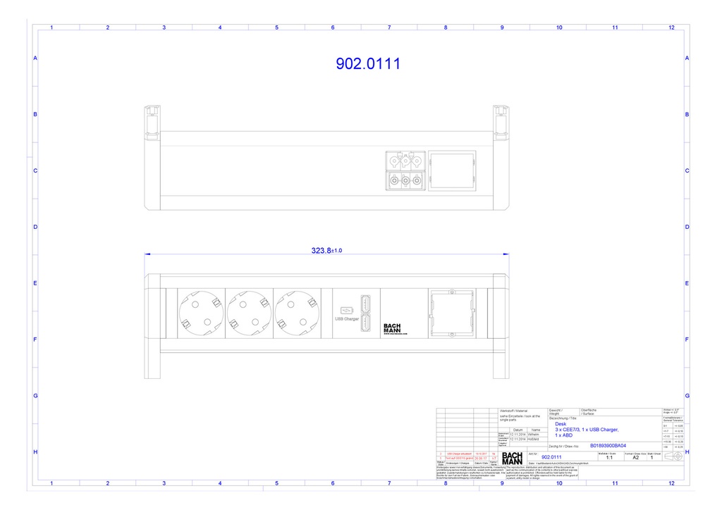 [902.0111] Toitepaneel Desk 1, 3 x CEE7/3, 2 x USB-A, 324x74x93mm, must/hall