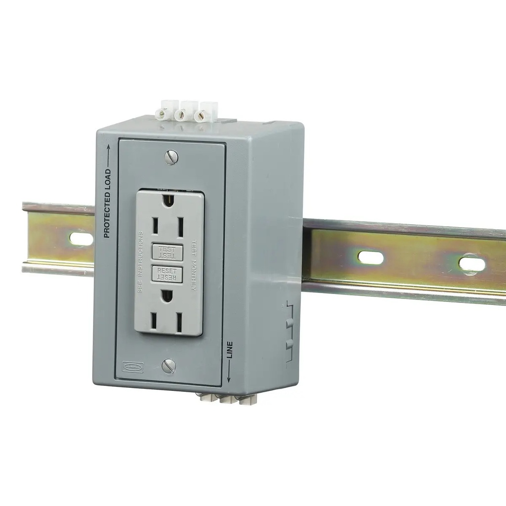 Topelt pistikupesa Din-liistule, 15A 125V, GFCI, hall, 5-15R NEMA