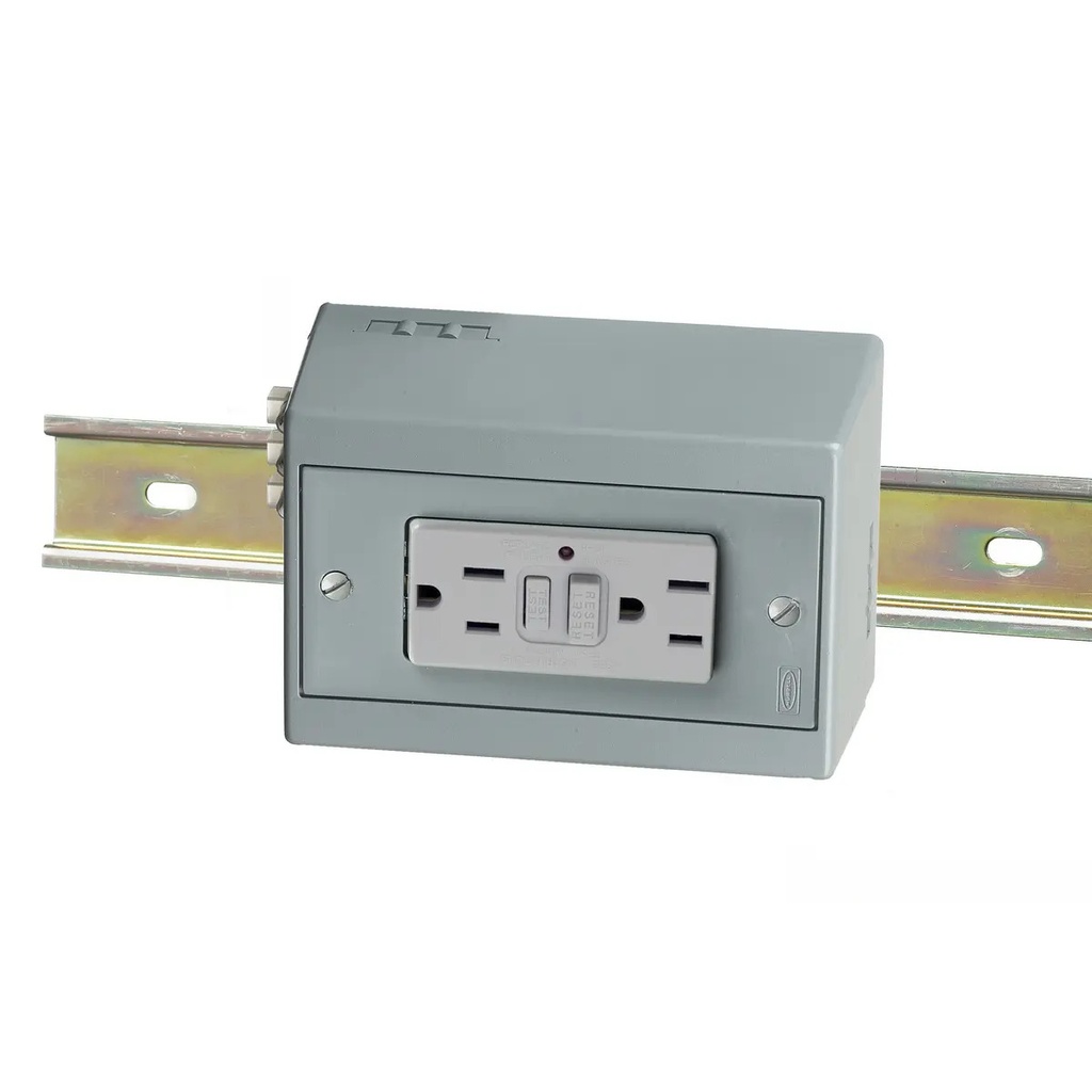 [DRUBGFI15H] Topelt pistikupesa Din-liistule, 15A 125V, GFCI, hall, 5-15R NEMA