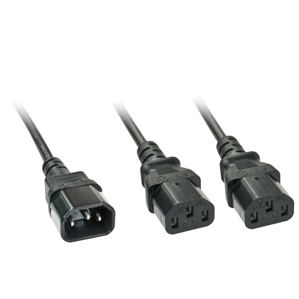 220V Toitekaabel 2.0m, must, C14 (1.5m) pistik - 2x C13 (0.5m) pesa