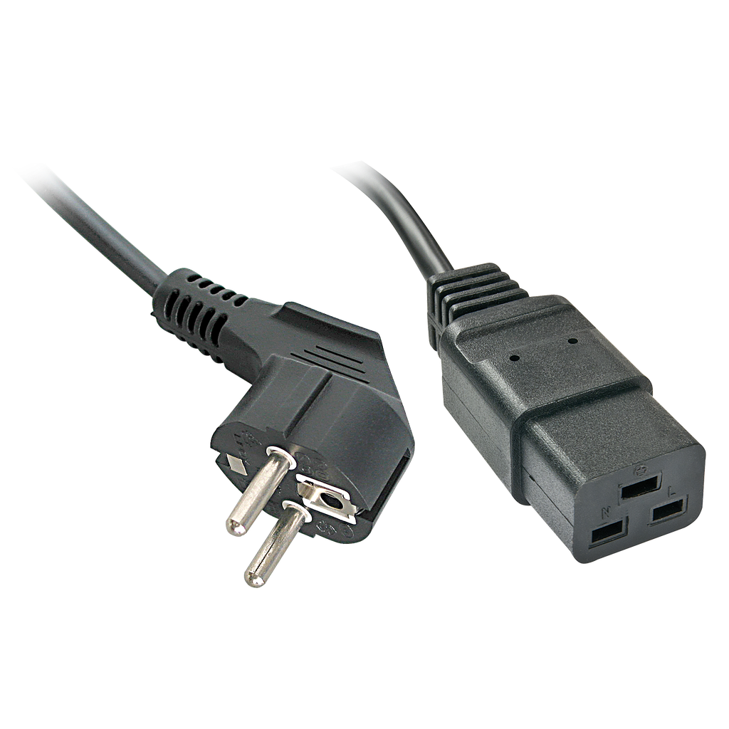 220V Toitekaabel 2.0m, must, CEE 7/7 pistik nurgaga - C19 (16A)