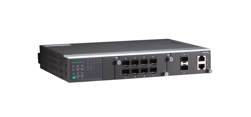 IEC 61850-3 modulaarne switch: 1 x Fast Ethernet mooduli pesa, 1 x Fast Ethernet / Gigabit Ethernet mooduli pesa, kokku kuni 10