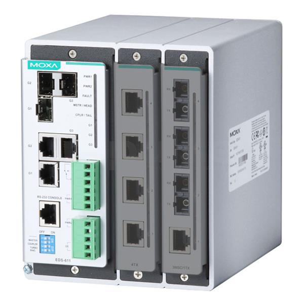 Modulaarne switch: 3 x 10/100/1000BaseT(X) või 100/1000BaseSFP, 2 fast Ethernet lisamooduli võimalus, kokku kuni 11 porti, -40 ... 75°C DIN
