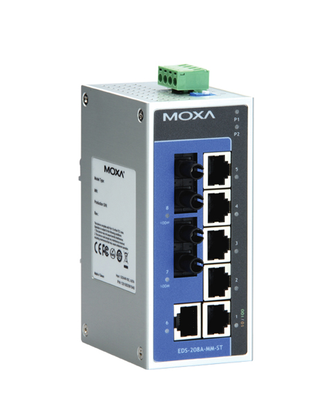 Switch: 6 x 10/100BaseT(X), 2 x 100BaseFX multi-mode ST, -40 kuni 75°C, mittemanageeritav, plastikust DIN