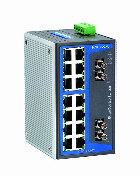 Unmanaged Ethernet switch with 14 10/100BaseT(X) ports, and 2 100BaseFX multi-mode ports with ST connectors, -40 to 75°C