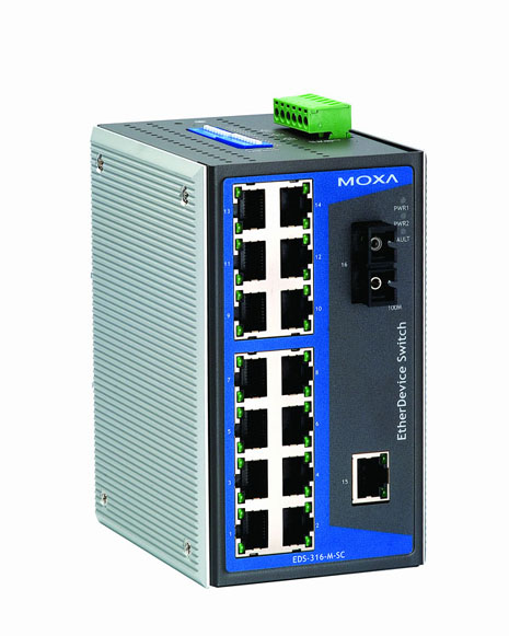 Unmanaged Ethernet switch with 15 10/100BaseT(X) ports, and 1 100BaseFX multi-mode port with SC connector, 0 to 60°C