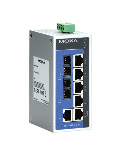 Unmanaged Ethernet switch with 6 10/100BaseT(X) ports, and 2 100BaseFX multi-mode port with SC connector, -10 to 60°C, plastic housing