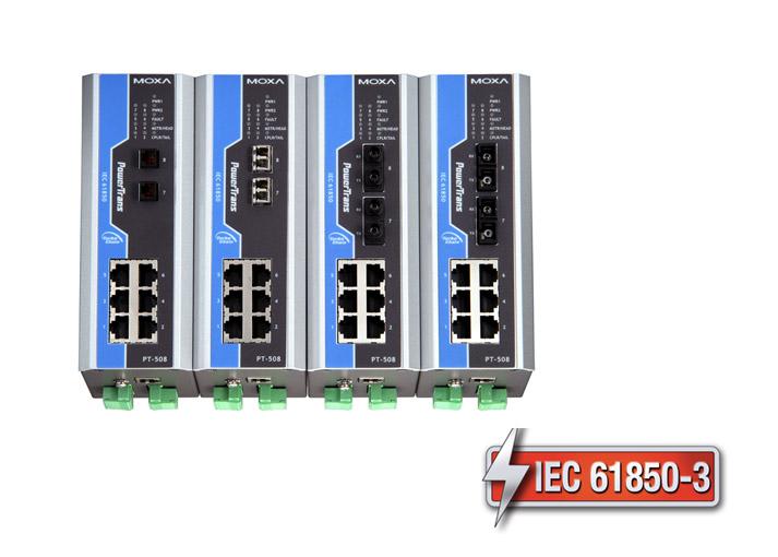 IEC 61850-3 managed DIN-Rail Ethernet switch, with 6 10/100BaseT(X) ports, and 2 100BaseFX multi-mode ports with ST connectors, 1 isolated power supply (24 VDC), -40 to 85°C