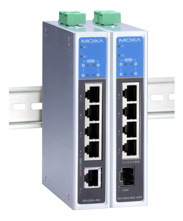 Unmanaged Ethernet switch with 1 10/100/1000BaseT port and 4 PoE/PoE+ ports, 0 to 60°C