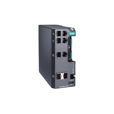 Managed Gigabit Ethernet switch with 4 10/100BaseT(X) ports, 2 10/100/1000BaseT(X), 2 100/1000BaseSFP ports, dual power inputs 12/24/48 VDC, -10 to 60°C operating temperature