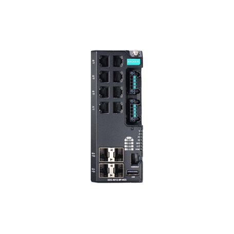 Managed Gigabit Ethernet switch with 8 10/100BaseT(X) ports, 4 100/1000BaseSFP ports, dual power inputs 12/24/48 VDC, -10 to 60°C operating temperature