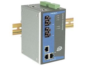 Managed Ethernet switch with 3 10/100BaseT(X) ports, and 2 100BaseFX multi-mode ports with ST connectors, 0 to 60°C