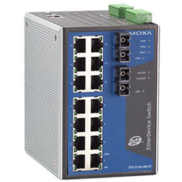 Managed Ethernet switch with 14 10/100BaseT(X) ports, and 2 100BaseFX multi-mode ports with SC connectors, -40 to 75°C