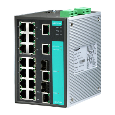 Managed Ethernet switch with 16 10/100BaseT(X) ports, and 2 combo 10/100/1000BaseT(X) or 1000BaseSFP slots for adding SFP-1G series Gigabit Ethernet modules, -40 to 75°C
