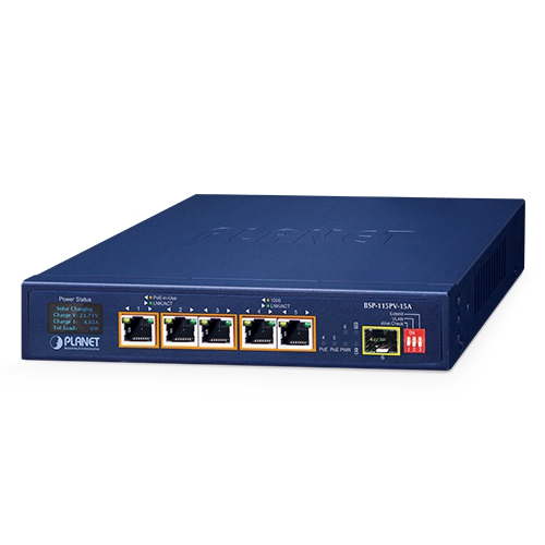 [BSP-115PV-15A] 5-Port 802.3at PoE+ Solar PoE Switch with 1-Port 1000X SFP and LCD Display