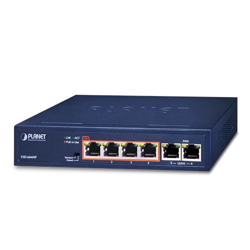 [FSD-604HP] 4-Port 10/100TX 802.3af/at PoE + 2-Port 10/100TX Desktop Switch (60 Watts)