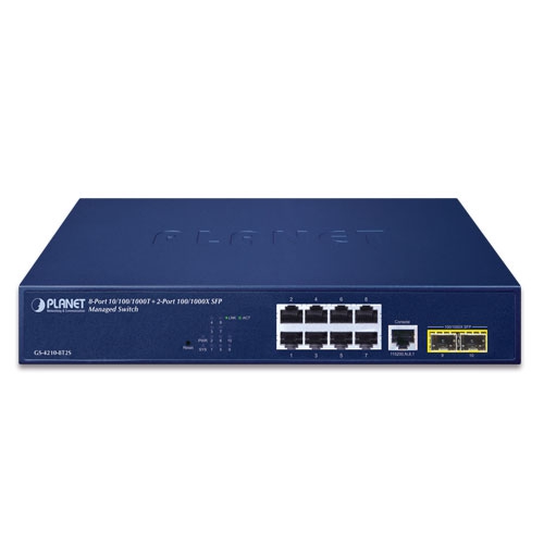 [GS-4210-8T2S] Switch: 8 x 10/100/1000Mbps, 2 x SFP, 1 x RJ-45 console, Layer 2/4, räkitav